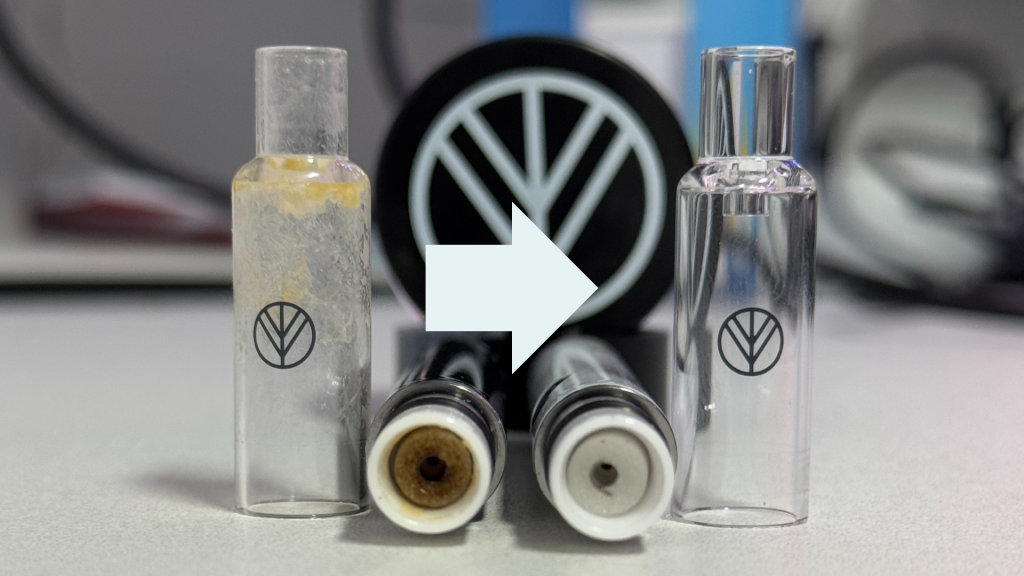 Vorher-Nachher-Vergleich eines Vaporizer - links stark verschmutzte Heizkammer, rechts komplett gereinigt – zeigt die Wirkung gründlicher Reinigung.