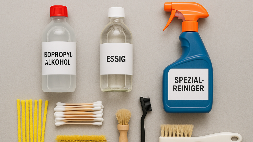 Reinigungszubehör für Vaporizer: Isopropylalkohol, Essig, Spezialreiniger sowie Bürsten, Wattestäbchen und Pfeifenreiniger – alles für hygienische Sauberkeit.