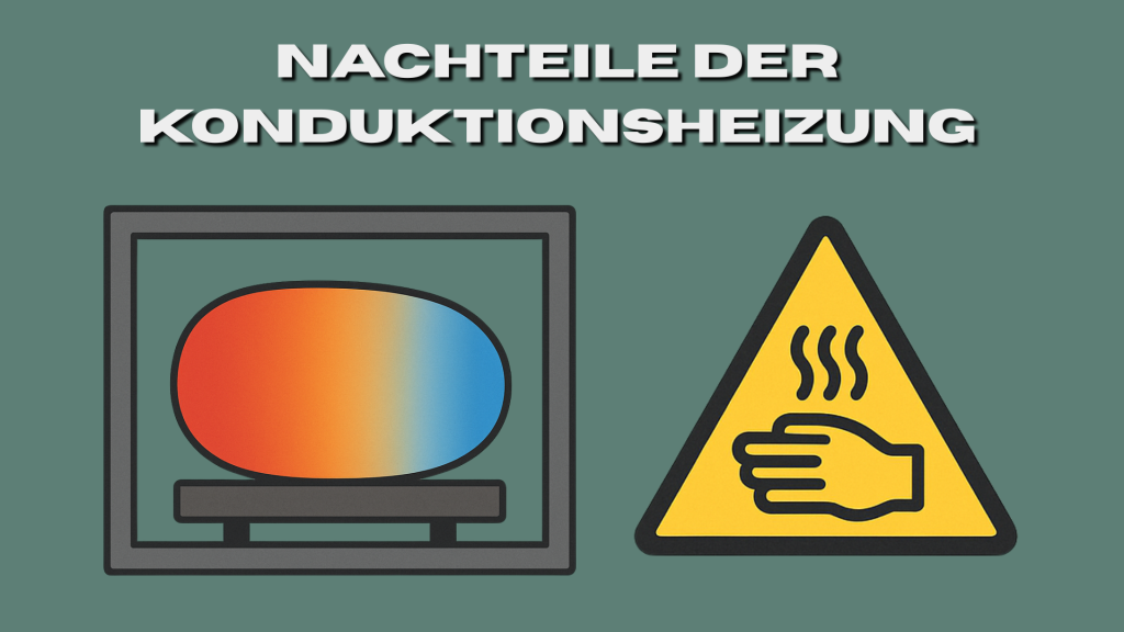 Grafik zu den Nachteilen der Konduktionsheizung: ungleichmäßige Erwärmung des Materials und Warnsymbol für mögliche Überhitzung.