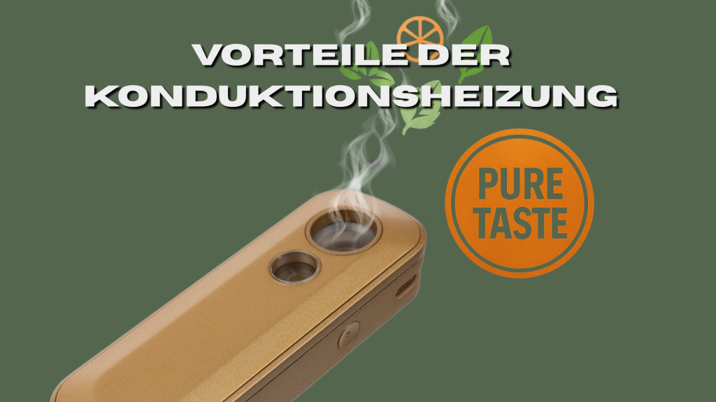 Moderner Konvektionsverdampfer mit aufsteigendem Dampf und Kräuterillustrationen – betont den reinen Geschmack und die Vorteile der schonenden Erhitzung.