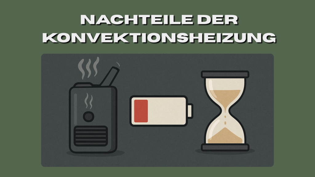 Illustration- Nachteile der Konvektion Heizmethode: Verdampfer mit aufsteigendem Dampf aus der kräuterkammer, leere Batterie und Sanduhr – steht für hohen Energieverbrauch und längere Aufheizzeit.
