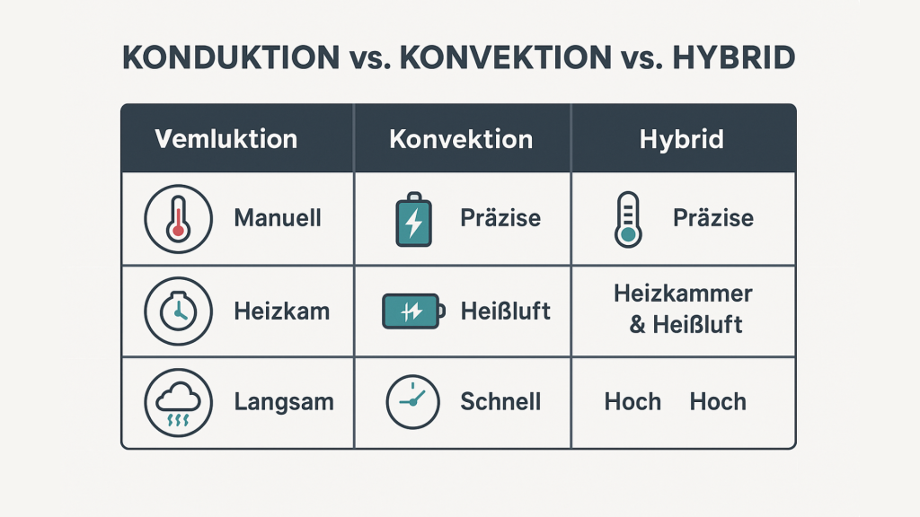 Vergleich von Konduktion, Konvektion und Hybrid bei Vaporizern in drei Kategorien.