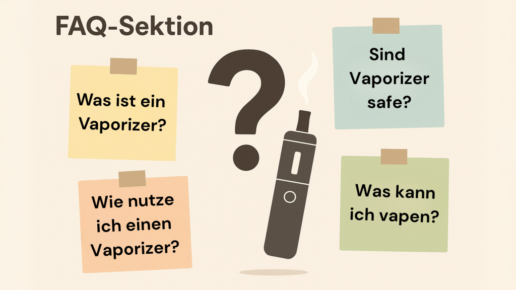 FAQ-Grafik mit Fragen rund um Vaporizer, z. B. Anwendung, Sicherheit und Inhaltstoffe.