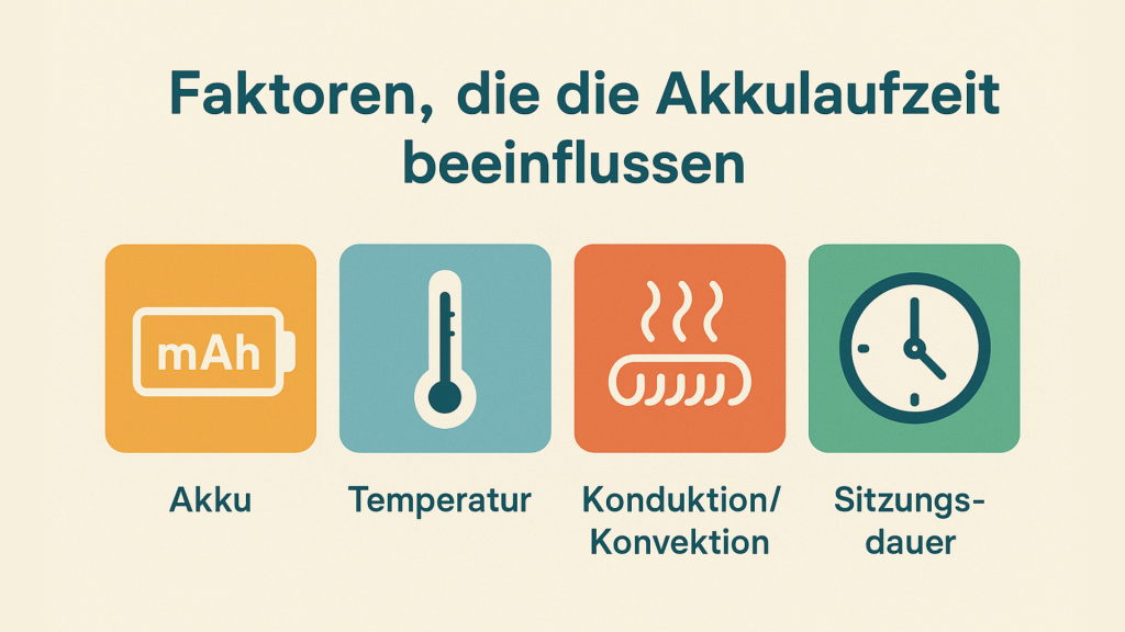Test Grafik mit vier Einflussfaktoren auf die Akkulaufzeit von Kräuter Vaporizer: Akkukapazität, Temperatur, Heiztechnik und Sitzungsdauer.