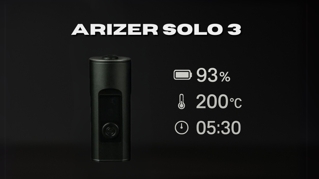 Vaporizer mit Display zeigt 93 % Akku(Usb C), 200 °C Temperatur und 5:30 Minuten Laufzeit.