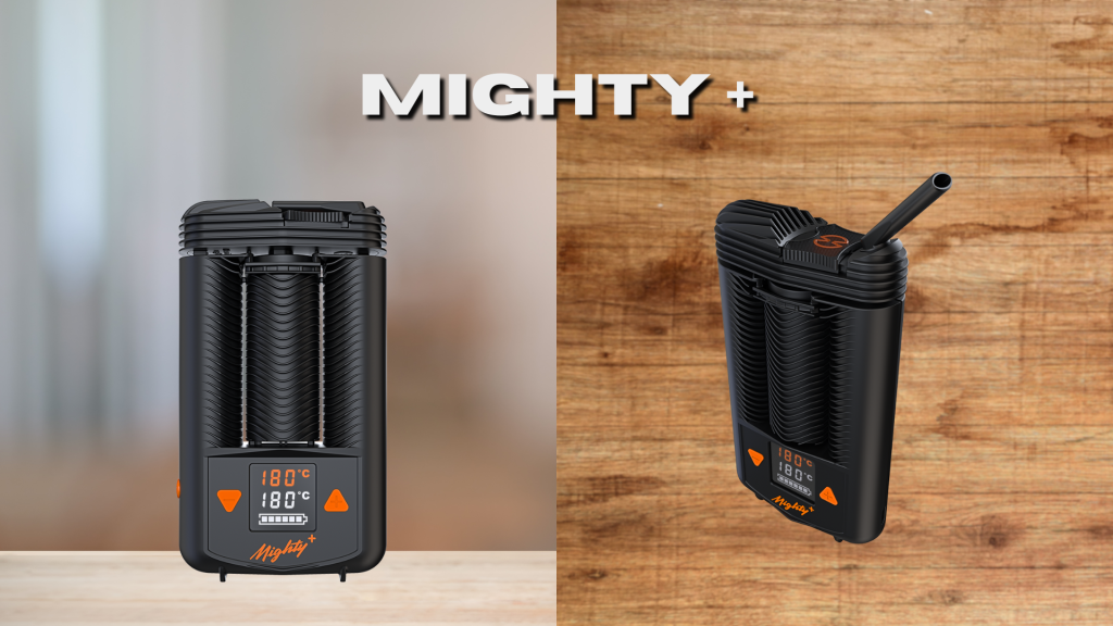 Hand hält premium Vaporizer mit Display bei 180 °C und Ladeanzeige auf Schreibtisch.