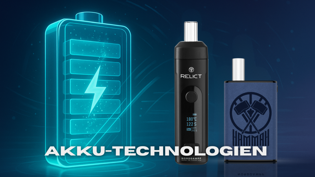Zwei kräuter Vaporizer mit leuchtendem Akku-Symbol, das volle Energie symbolisiert. Diese haben eine ein knopf Bedienung und sind ähnlich des Norddampf Relict Vaporizer. Wahrscheinlich gehört in dem Gerät ein Mah Akku und ein Usb C Anschluss. Auch wird hier die unterschiedliche Akku Technologie gezeigt. Diese Vaporizer sehen aus als ob die einfach zu bedienen sind.