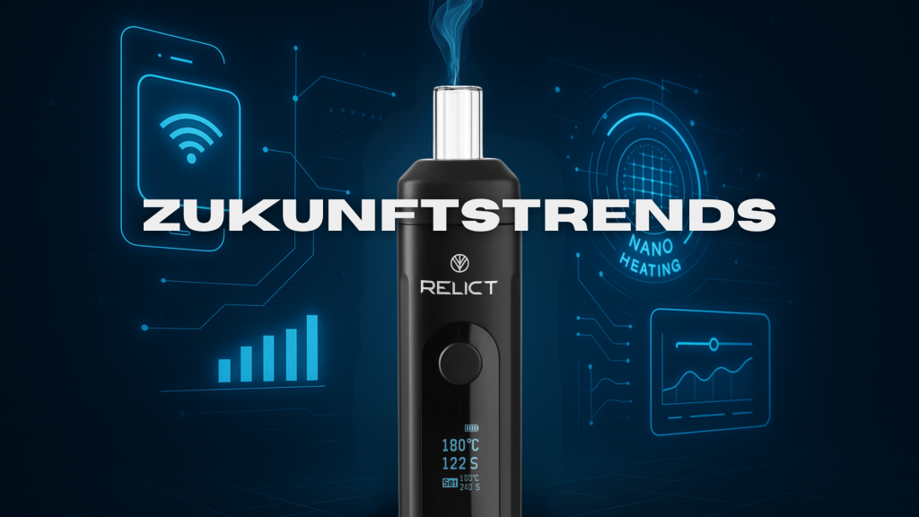 Norddampf Relict Kräuter Vaporizer mit leuchtenden Symbolen wie WLAN, Nanoheizung und Diagrammen im digitalen Interface.