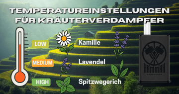 Vaporizer Temperatur Guide - Leitfaden für Kräuter verdampfer zeigt optimale Einstellungen: Kamille vaping bei niedriger, Lavendel bei mittlerer und Spitzwegerich bei hoher Temperatur.