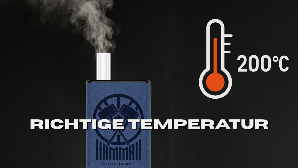 Kräuter Verdampfer 200 °C(Hitze), aus dem Mundstück steigt dichter Dampf auf – daneben ein rotes Thermometersymbol - Vaporizer Temperaturen