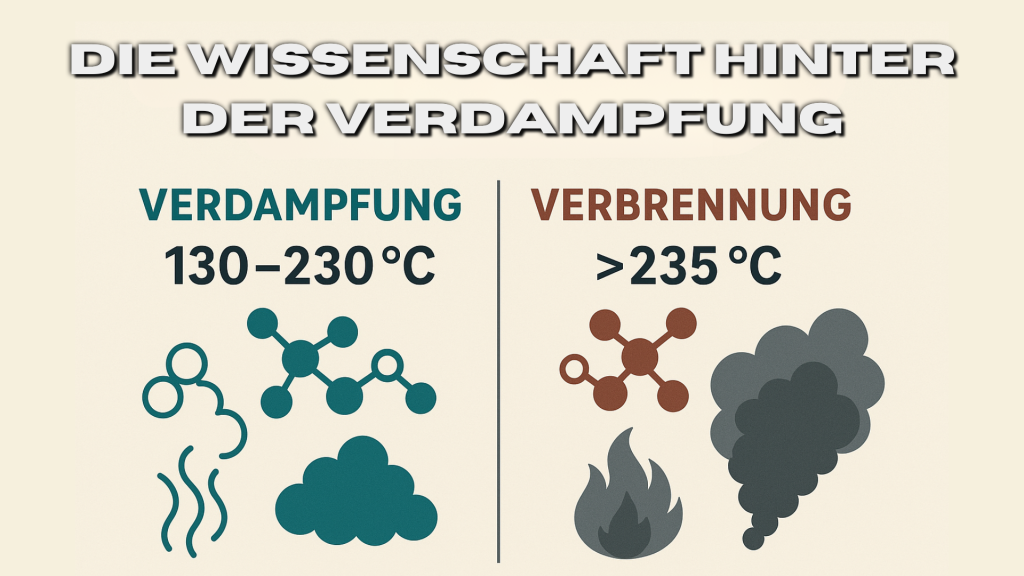 Verdampfungstemperaturen: Vergleichsgrafik zeigt Dampferlebnis/Verdampfung (130–230 °C) - Unterschied Temperatur - mit Dampf- und Molekülsymbolen links sowie Verbrennung (>235 °C) mit Flammen- und Rauchsymbolen rechts. Möglichkeit für das Vaping Erlebnis