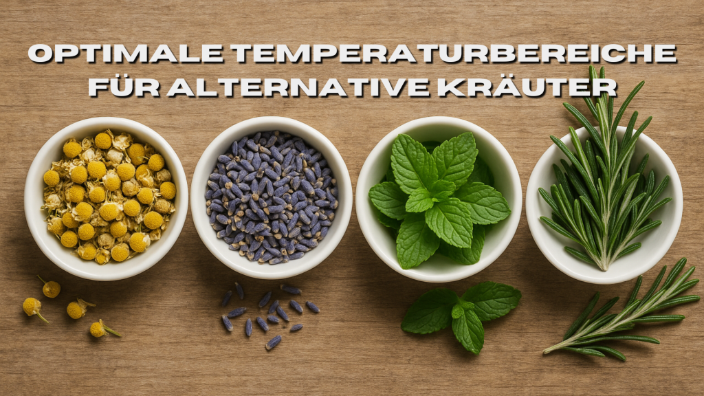 Vier alternative Kräuter werden gezeigt. Diese Kamille, Lavendel, Minze und Rosmarin beifnden sich in Schüßeln auf einen Holz Tisch.