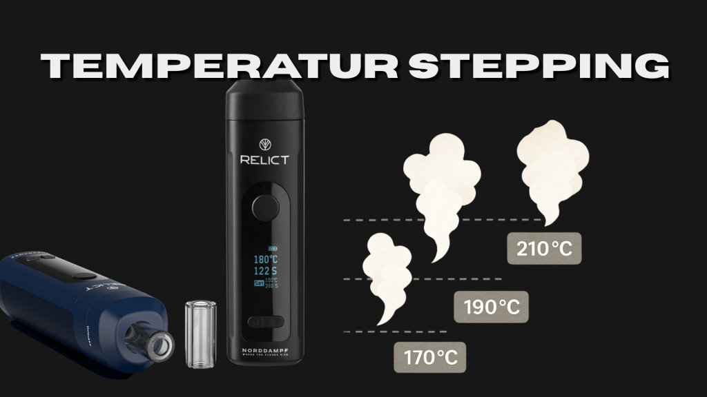 Verdampfungstemperaturen: Verdampfer/Vaporizer Temperatur Guide - Grafik zeigt Temperatureinstellung Kräuterverdampfer - ein Verdampfer/Vaporizer-Gerät mit aufsteigendem Dampf bei drei Temperaturen (170 °C, 190 °C, 210 °C) zur Veranschaulichung des Temperatur-Steppings als fortgeschrittene Technik.