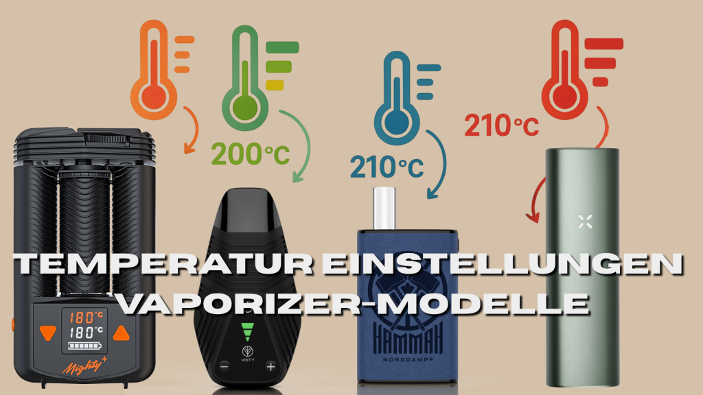 Verschiedene Vaporizern/Kräuter verdampfer mit jeweils unterschiedlichen Temperaturen/Einstellungen. Alles zwischen 180 °C und 220 °C, farblich markiert von grün über blau bis rot zur Darstellung der Hitzeintensität. Alles zum Thema Vaping mit unterschiedlichen Temperaturen.