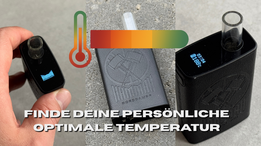 Vaporizer Temperatur Guide: Collage des Norddampf Hammah Vaporizeres. Im Vordergrund eine farbiges Spektrum mit dem Text „Finde deine persönliche optimale Vaporizer Temperaturen“.