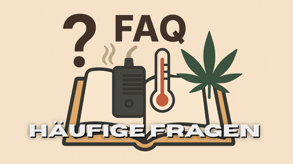 Häufige Fragen - Illustration eines offenen Buches mit einem Vaporizer, einem Thermometer/Hitze, einem Hanfblatt und aufsteigendem Dampf – darüber der Schriftzug „FAQ“ mit einem großen Fragezeichen. Fragen zum Dampferlebnis
