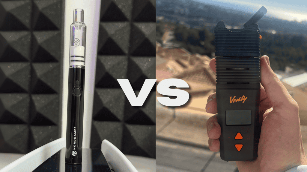 Vergleich von zwei tragbaren Vaporizern: Modell mit LED-Display und Kühlrippen als Empfehlung, einfaches Gerät mit nur einem Knopf als weniger geeignet markiert.