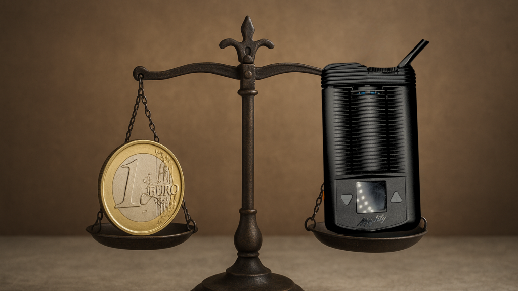 Symbolbild mit klassischer Waage: ein Eurostück auf der einen Seite, ein tragbarer Vaporizer auf der anderen – Darstellung des Preis-Leistungs-Verhältnisses.