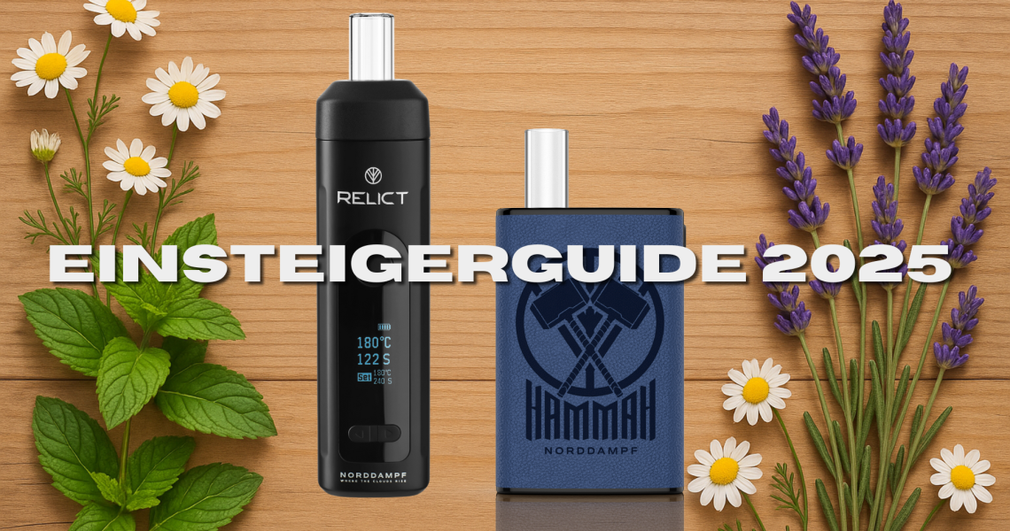 Kräuterverdampfer Anfänger Guide - Hammah Vaporizer auf Holzuntergrund mit frischer Minze, Kamillenblüten und Lavendel darüber Text „Einsteigerguide 2025“ – Titelbild für Kräuterverdampfer-Ratgeber.