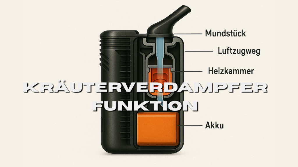 Grafik zeigt den inneren Aufbau eines Vaporizers mit Beschriftung von Mundstück, Luftzugweg, Heizkammer und Akku – technische Erklärung für Anfänger.