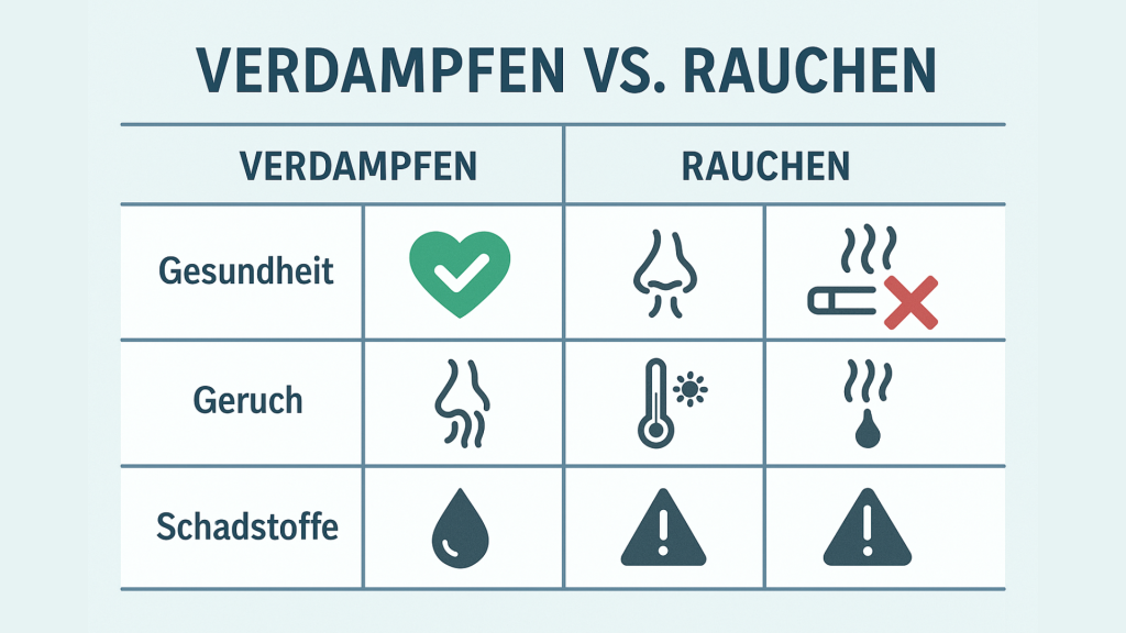 Vergleichstabelle Verdampfen vs. Rauchen mit Symbolen für Gesundheit, Geruch und Schadstoffe – Dampfen schneidet besser ab als klassisches Rauchen.