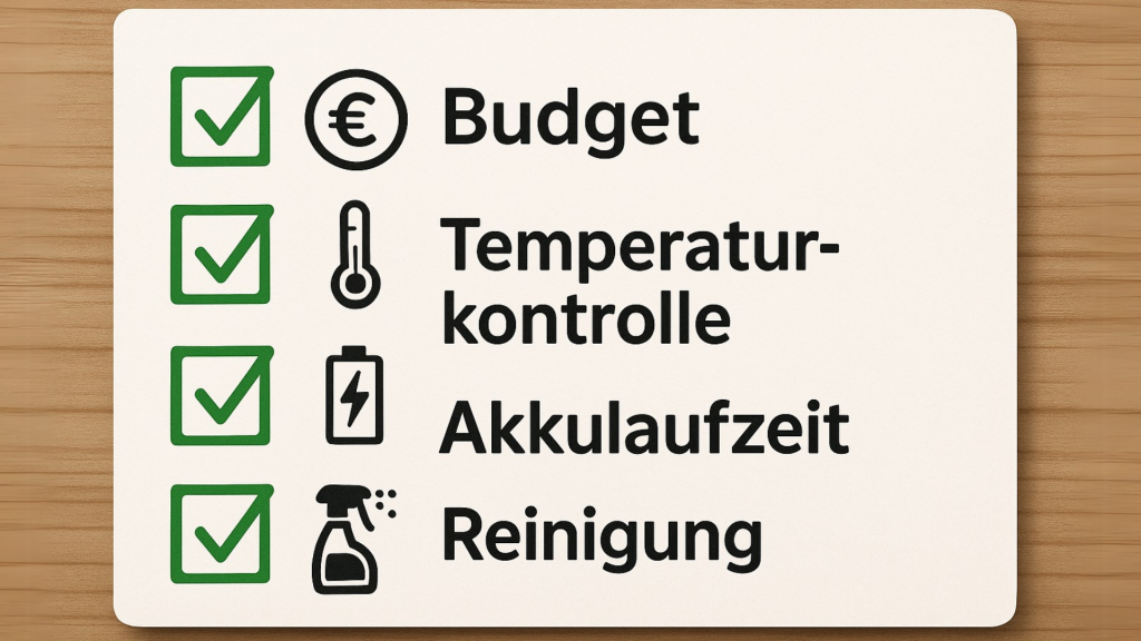 Checkliste mit vier Kriterien für Vaporizer: Budget, Temperaturkontrolle, Akkulaufzeit und Reinigung – visuelle Kaufhilfe für Einsteiger.