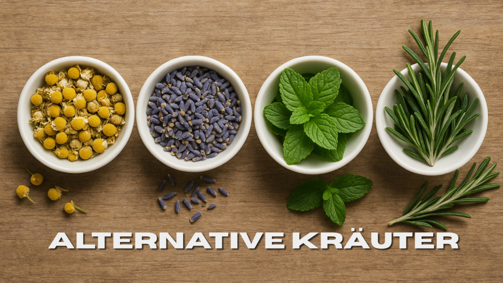 Vier Schälchen mit beliebten Kräutern zum Verdampfen: Kamille, Lavendel, Pfefferminze und Rosmarin – natürliche Alternativen für Aromatherapie.