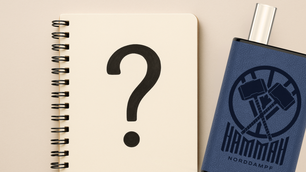 Notizbuch mit großem Fragezeichen neben einem modernen Vaporizer – symbolische Darstellung typischer Einsteigerfragen rund ums Verdampfen.