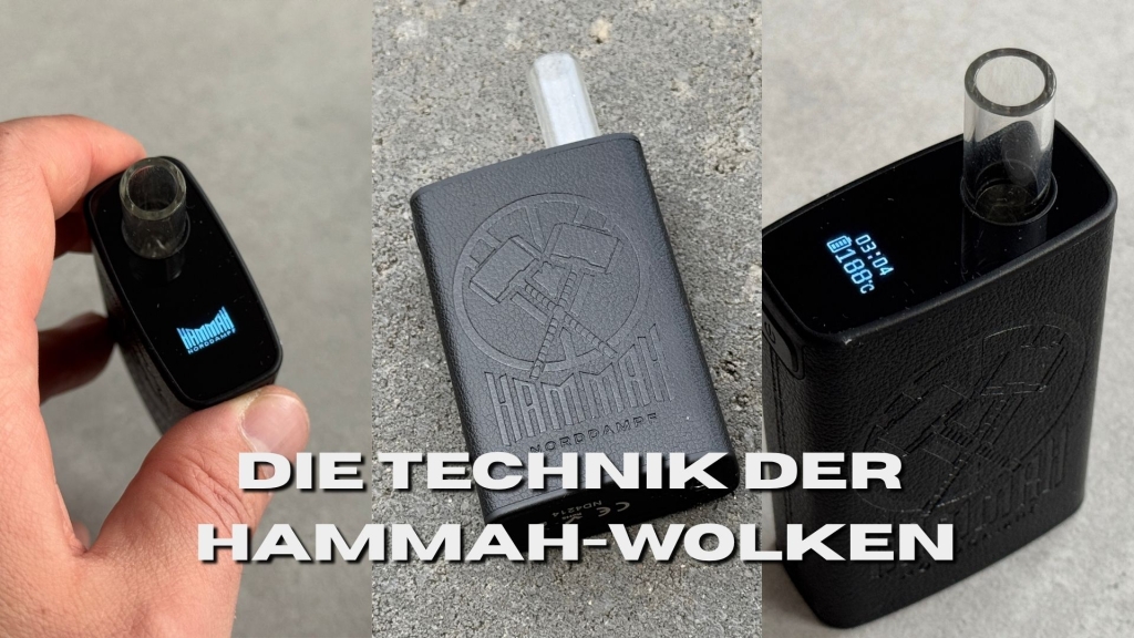 Drei Ansichten des Norddampf Hammah Vaporizers. Links: Gerät mit blau leuchtendem Display in Hand gehalten. Mitte: Gerät liegt auf Betonboden, zeigt das Logo mit zwei Hämmern. Rechts: Gerät mit Glasmundstück und Temperaturanzeige bei 188 °C. Text: „Die Technik der Hammah-Wolken“.