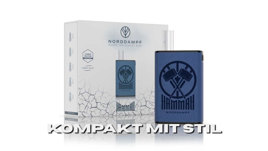 Produktfoto des Norddampf Hammah Vaporizers in Blau mit Verpackung im Hintergrund. Das Gerät zeigt das doppelte Hammer-Logo, die Verpackung hebt die „Hybrid Heating Technology“ hervor. Darunter steht: „Kompakt mit Stil“.