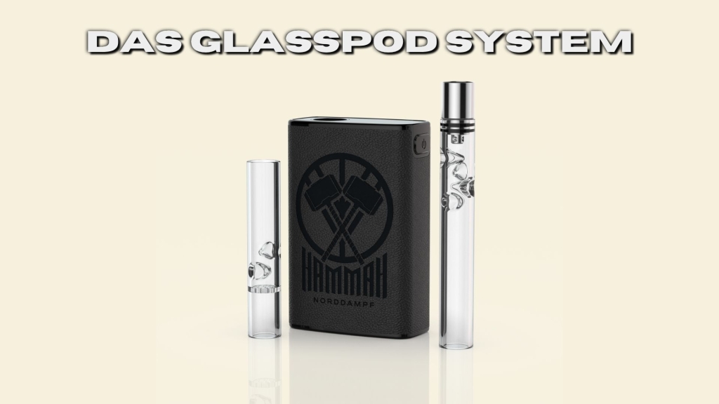 Hammah Vaporizer mit zwei Glaspods auf hellem Hintergrund. Der Text „Das Glasspod System“ betont das modulare Zubehör aus Glas mit Spiralstruktur.