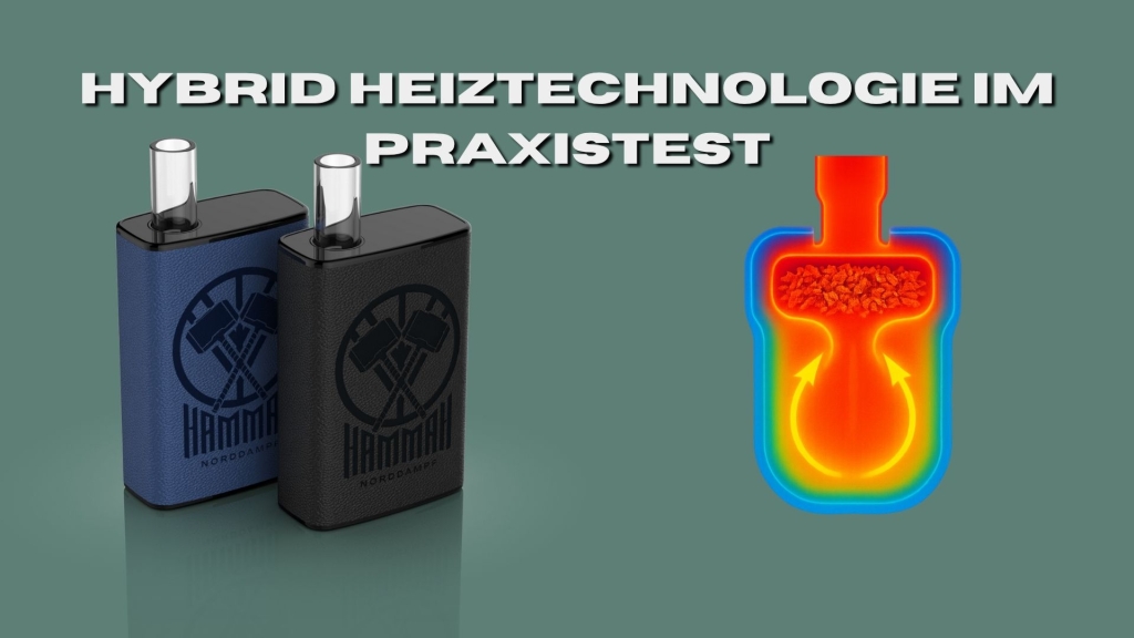 Zwei Hammah-Vaporizer (blau und schwarz) mit Visualisierung des Hybrid-Heizsystems: Luftströmung erhitzt Kräuter gleichmäßig von unten und der Seite. Text: „Hybrid Heiztechnologie im Praxistest“.