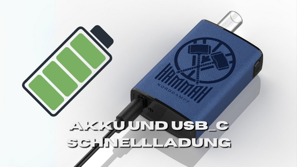 Blauer Hammah-Vaporizer wird per USB-C-Kabel geladen, daneben ein Symbol für vollen Akku. Darunter der Text „Akku und USB-C Schnellladung“.