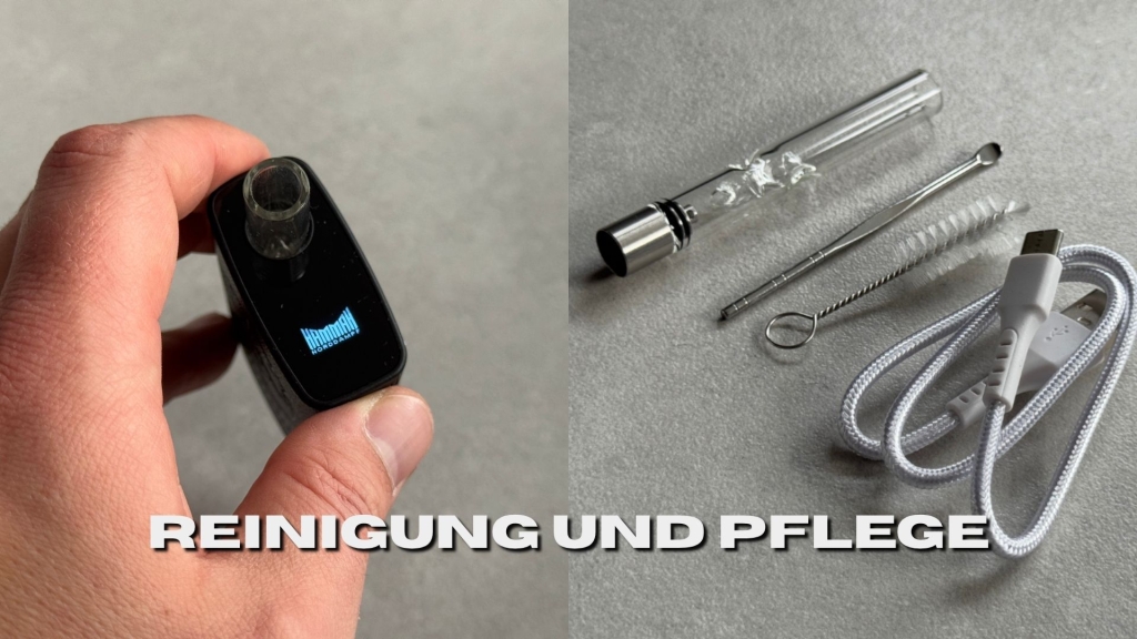 Hammah-Vaporizer in der Hand, daneben Reinigungszubehör und USB-C-Kabel auf grauer Fläche.