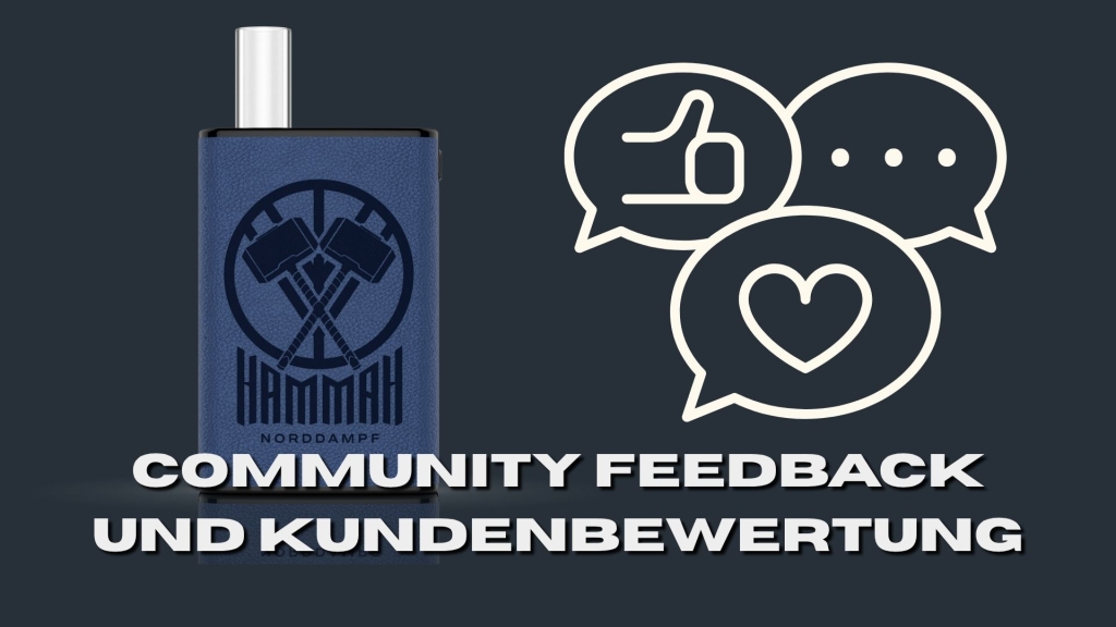 Blauer Hammah-Vaporizer neben Icons für Feedback, Kommentar und Herz auf dunklem Hintergrund.