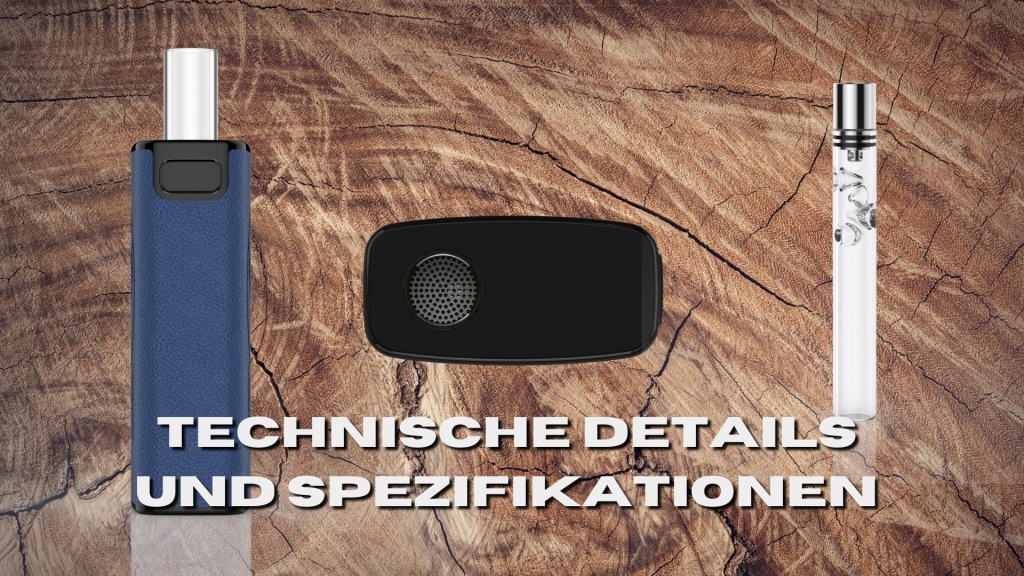 Drei Komponenten des Hammah-Vaporizers (Gerät von vorne, Unterseite und Glasmundstück) auf Holzstruktur-Hintergrund mit dem Text „Technische Details und Spezifikationen“.