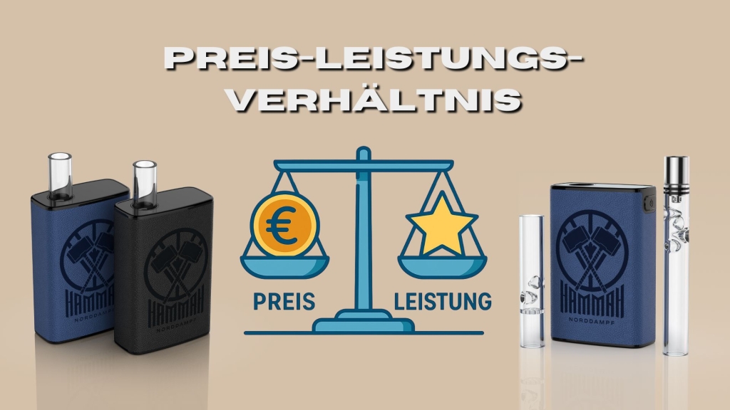 Zwei Hammah-Vaporizer neben einer stilisierten Waage mit Euro-Zeichen und Sternsymbol, dazu Glasmundstücke – Symbolbild für Preis-Leistungs-Verhältnis.