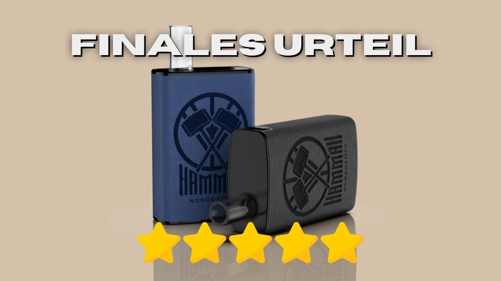 Zwei Norddampf Hammah-Vaporizer in Blau und Schwarz mit fünf gelben Bewertungssternen darunter und dem Titel „Finales Urteil“.