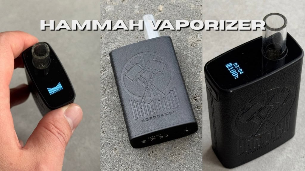 Drei Nahaufnahmen des Hammah Vaporizers von Norddampf, jeweils aus unterschiedlichen Perspektiven – eine davon zeigt das beleuchtete Display mit Temperaturanzeige. Der Verdampfer ist schwarz mit geprägtem Logo.