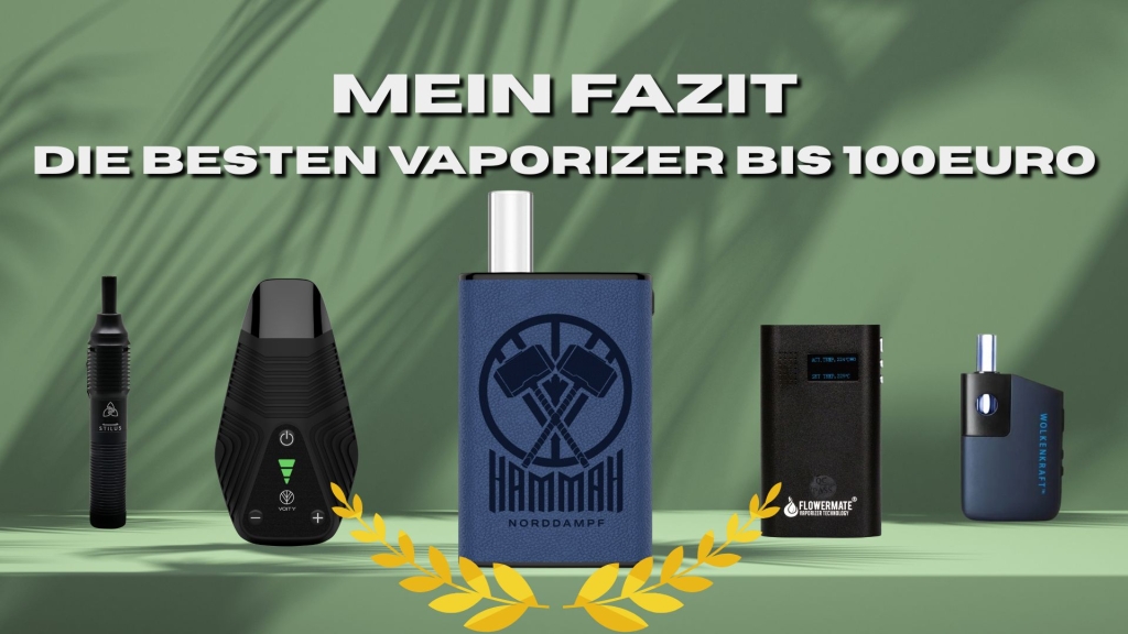 Fünf Vaporizer-Modelle stehen nebeneinander vor einem grünen Hintergrund mit Blattschatten. Darüber der Text: „MEIN FAZIT – DIE BESTEN VAPORIZER BIS 100 EURO“. Der blaue „Hammah“-Vaporizer in der Mitte ist mit einem goldenen Lorbeerkranz hervorgehoben, was ihn als Testsieger kennzeichnet.