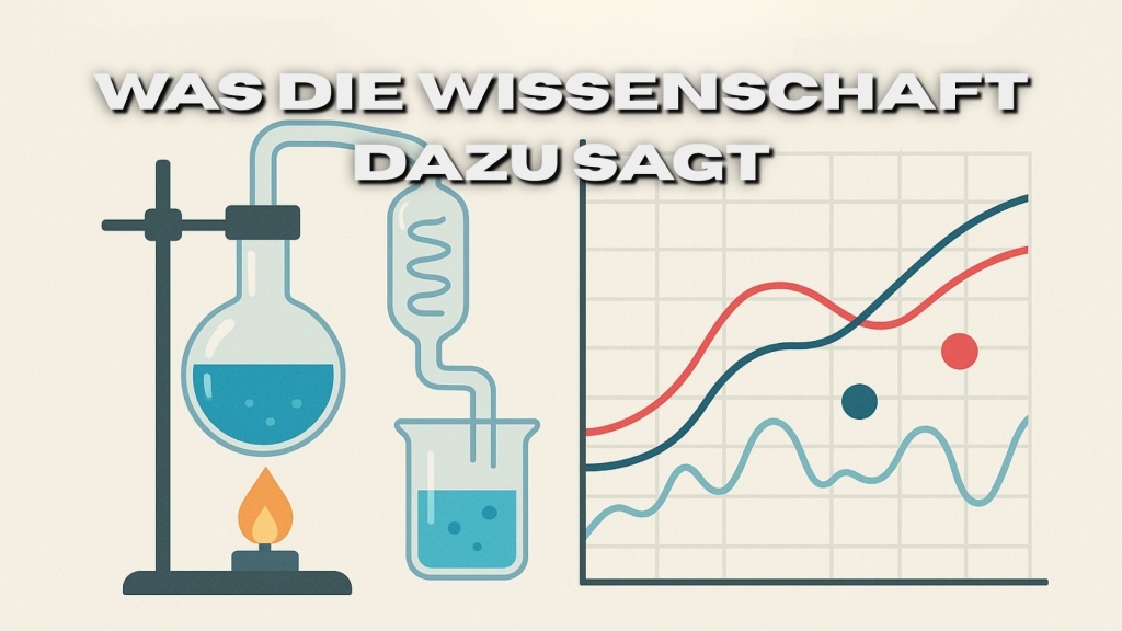 Illustration mit Laboraufbau links (Brenner, Kolben, Destillation) und Diagramm mit Kurven rechts.