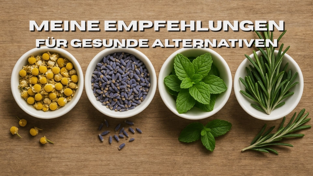 Vier kleine Schälchen mit Kamille, Lavendel, Minze und Rosmarin auf einem Holztisch, darüber der Text „MEINE EMPFEHLUNGEN FÜR GESUNDE ALTERNATIVEN“.