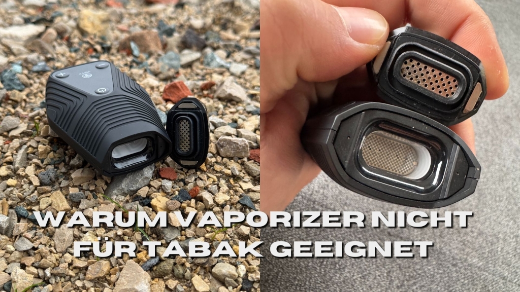 Zwei Fotos von Vaporizern mit offenem Heizelement – links auf Schotter, rechts in der Hand gehalten.