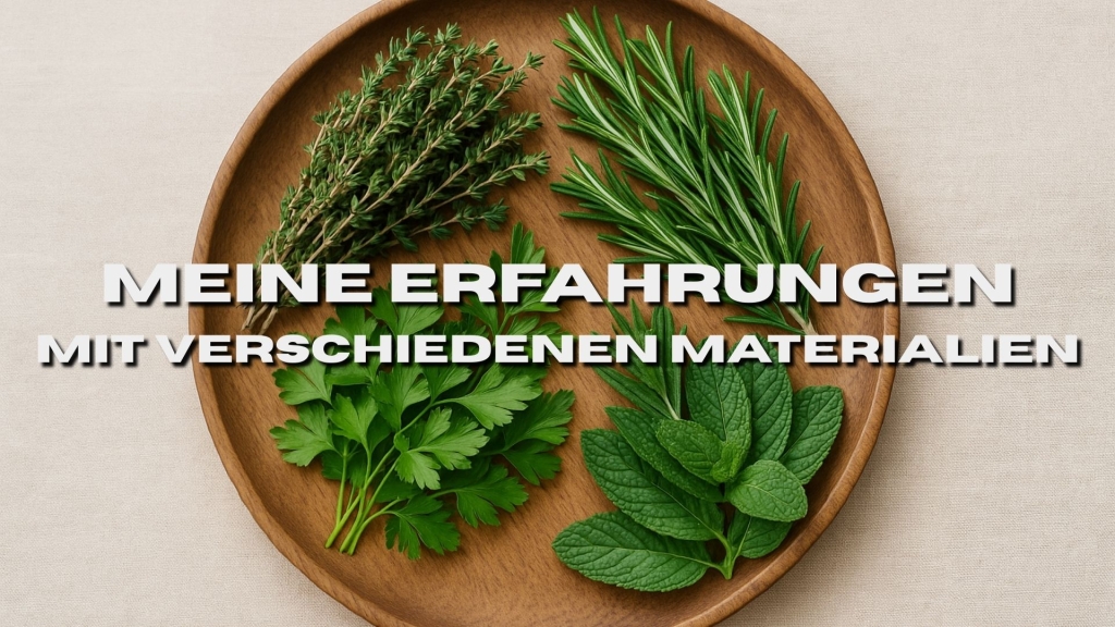 Verschiedene Kräuter (Thymian, Rosmarin, Petersilie, Minze) liegen auf einem runden Holztablett.