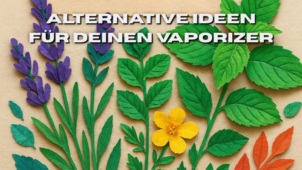 Bunte Papier-Collage mit Kräutern und Blättern in verschiedenen Farben.