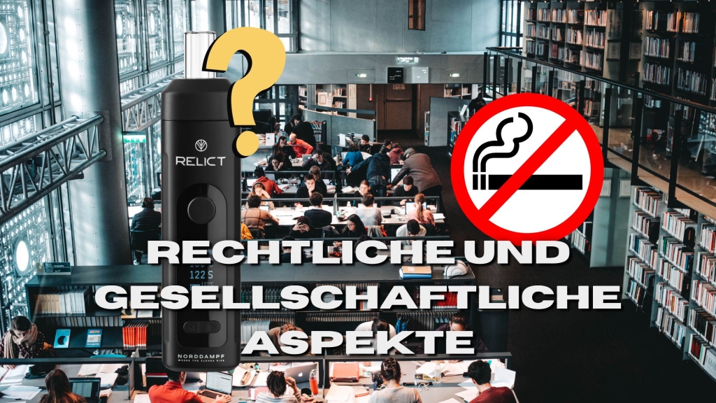 Vaporizer mit Fragezeichen in Bibliothek, daneben Rauchverbotsschild – Thema rechtliche und soziale Akzeptanz.