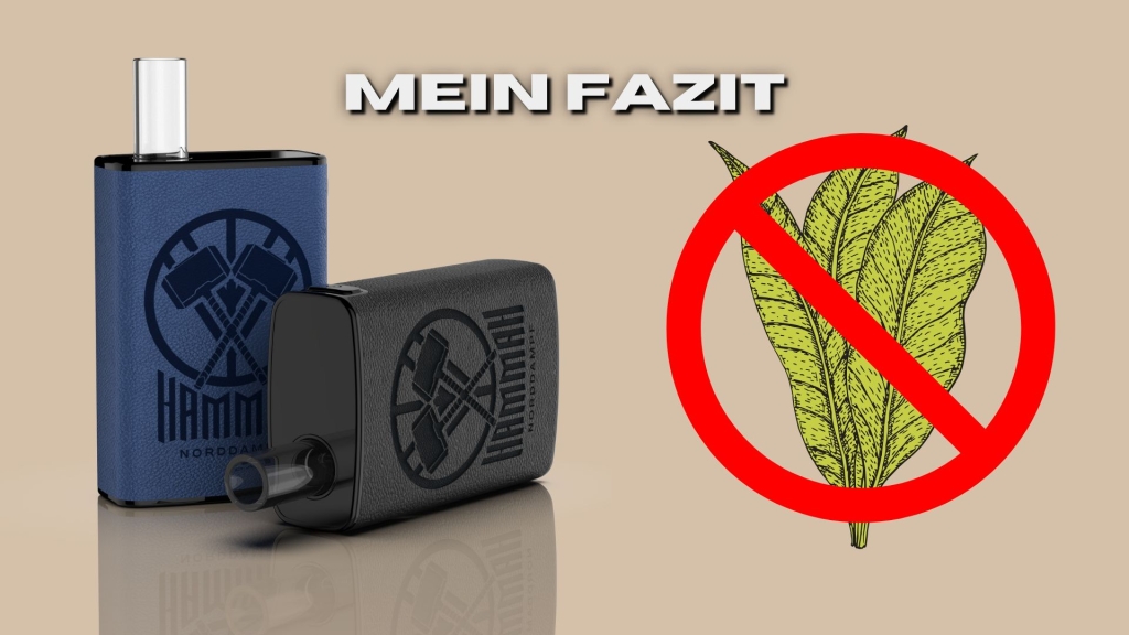 Zwei HAMMAH Vaporizer von Norddampf mit durchgestrichenem Tabakblatt – Symbolisches Fazit gegen die Verwendung von Tabak im Vaporizer.