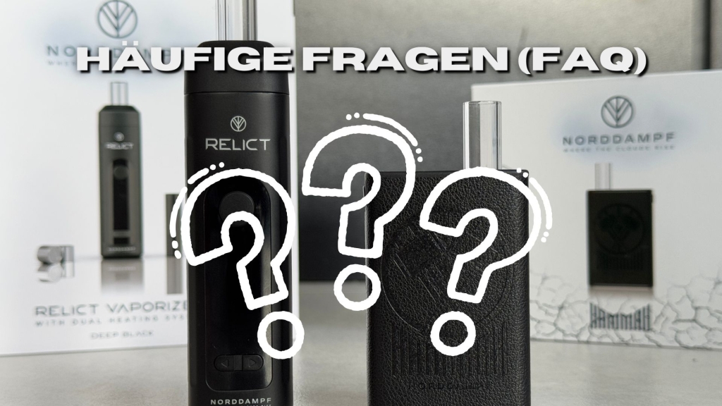 Zwei Vaporizer von Norddampf mit Verpackung im Hintergrund und gezeichneten Fragezeichen im Vordergrund – Symbol für häufige Fragen (FAQ).
